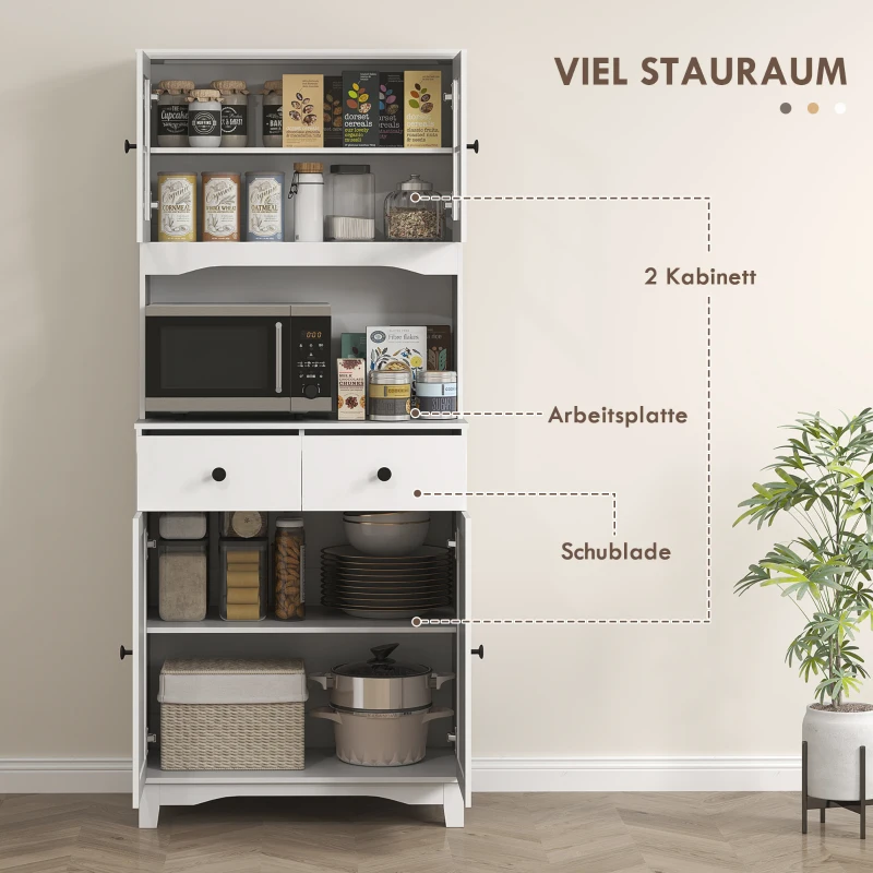 HOMCOM Vrijstaande Keukenkast met Werkblad voor Magnetron, Koffiezetapparaat, Kasten, Glazen Deuren, Wit(m-4)