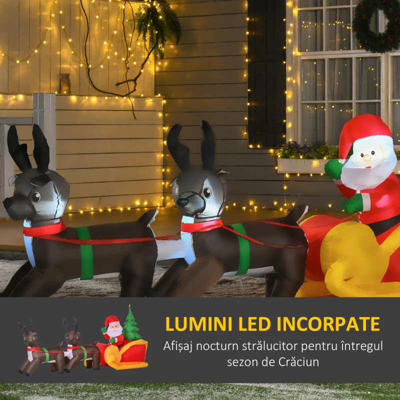 HOMCOM Mos Craciun Gonflabil cu Sanie , Reni si Brad de Craciun cu Lumini Led 210cm
