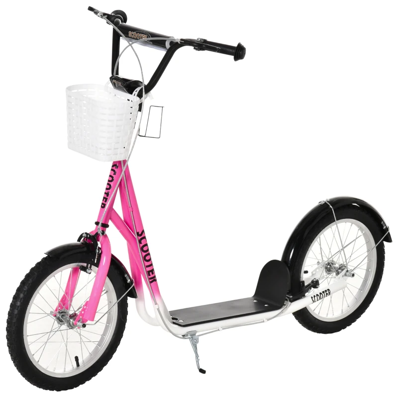 HOMCOM Kinderstep met Rem, Incl. Mand, Hoogteverstelbaar, voor Kinderen van 5 tot 12 Jaar, Wit + Roze(m-13)