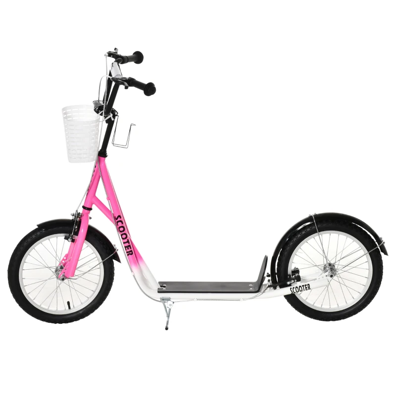 HOMCOM Kinderstep met Rem, Incl. Mand, Hoogteverstelbaar, voor Kinderen van 5 tot 12 Jaar, Wit + Roze(m-12)