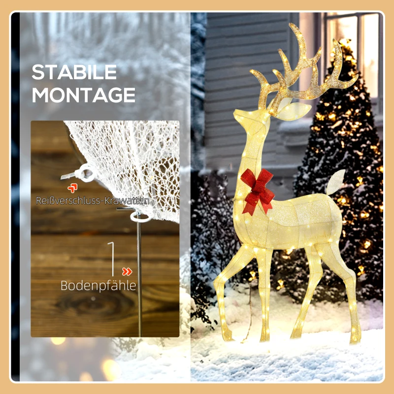 Outsunny Rendierfamilie met rode strikken, 283 LEDs, Kerstverlichting, weerbestendig, Goud