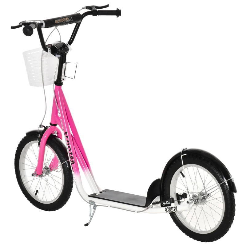 HOMCOM Kinderstep met Rem, Incl. Mand, Hoogteverstelbaar, voor Kinderen van 5 tot 12 Jaar, Wit + Roze(m-15)
