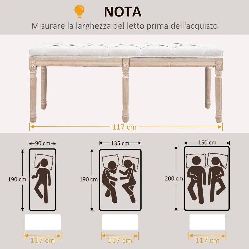 HOMCOM Panca Fondoletto Imbottita Stile Vintage in Tessuto e Gambe in Legno, 117x40x48 cm, Crema