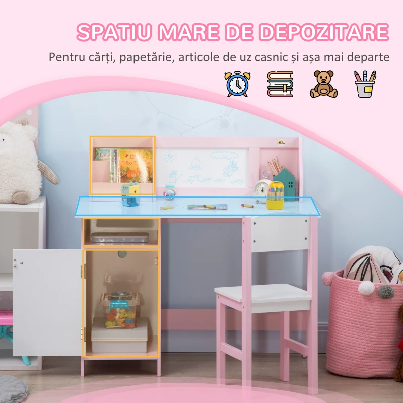 HOMCOM Set Masă și Scaune pentru Copii 5-8 Ani cu Spațiu de Depozitare, Tablă și Scaun, 90x45x85 cm, Roz(m-4)