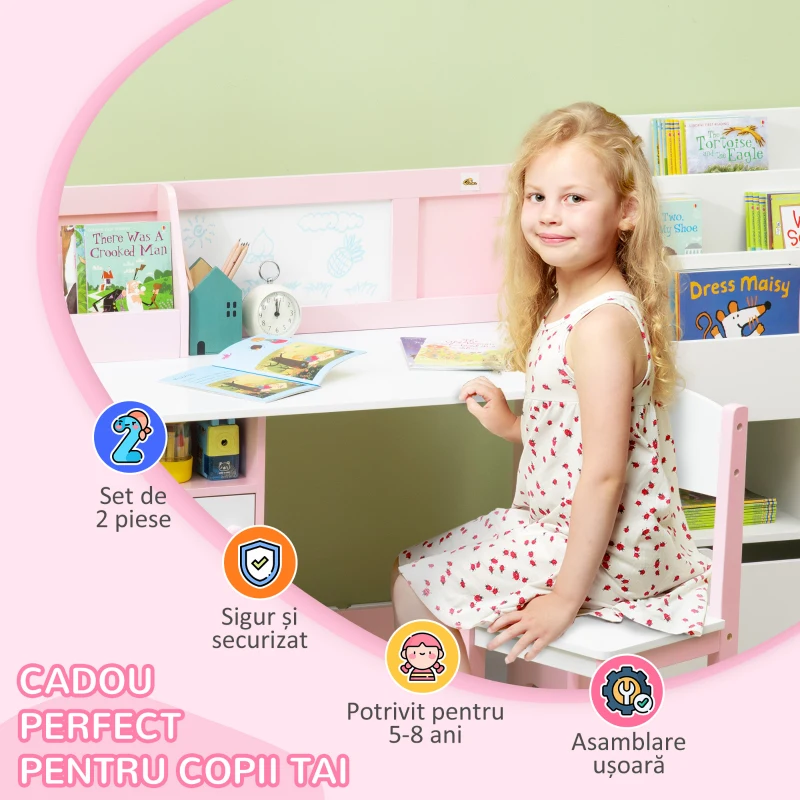 HOMCOM Set Masă și Scaune pentru Copii 5-8 Ani cu Spațiu de Depozitare, Tablă și Scaun, 90x45x85 cm, Roz(m-6)