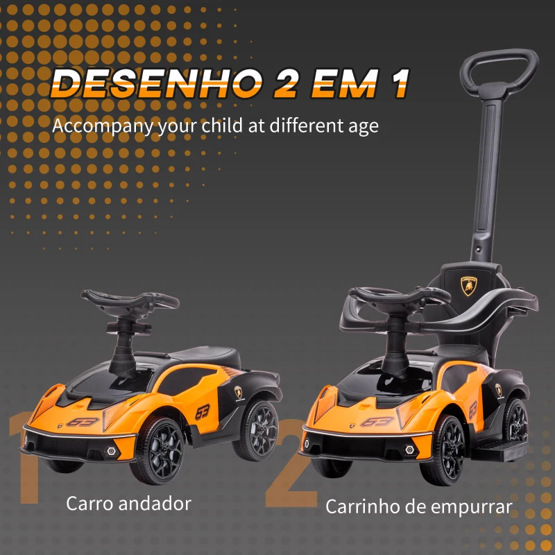 AIYAPLAY Carro Andador Lamborghini Essenza SCV2 Carro Andador com Buzina Guiador e Grade de Segurança 86,5x40x89,5cm Laranja