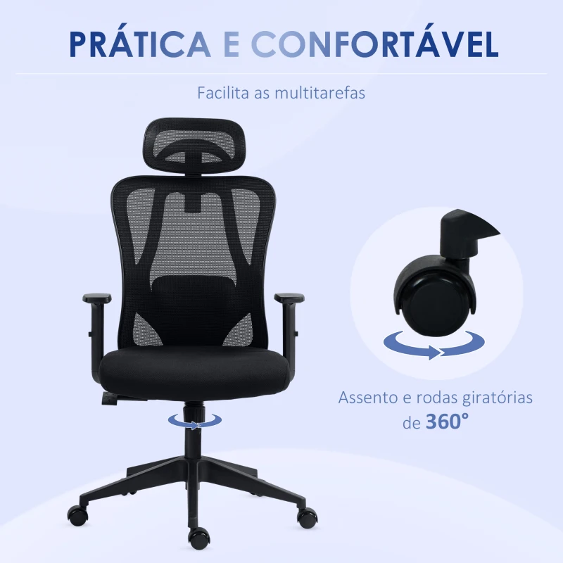 Vinsetto Cadeira de Escritório com Apoio para os Braços 2D Cadeira de Escritório com Altura Ajustável Apoio para a Cabeça Suporte Lombar Alto 67x64x117-127cm Preto