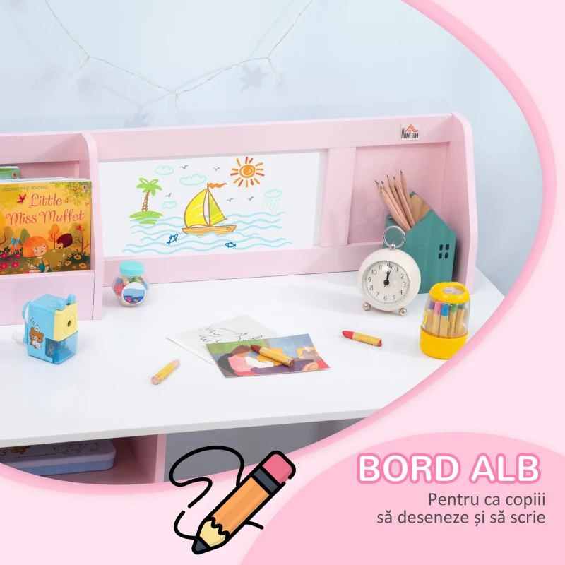 HOMCOM Set Masă și Scaune pentru Copii 5-8 Ani cu Spațiu de Depozitare, Tablă și Scaun, 90x45x85 cm, Roz(m-5)
