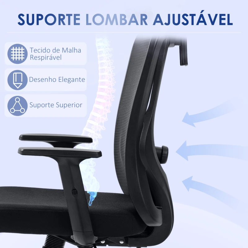 Vinsetto Cadeira de Escritório com Apoio para os Braços 2D Cadeira de Escritório com Altura Ajustável Apoio para a Cabeça Suporte Lombar Alto 67x64x117-127cm Preto