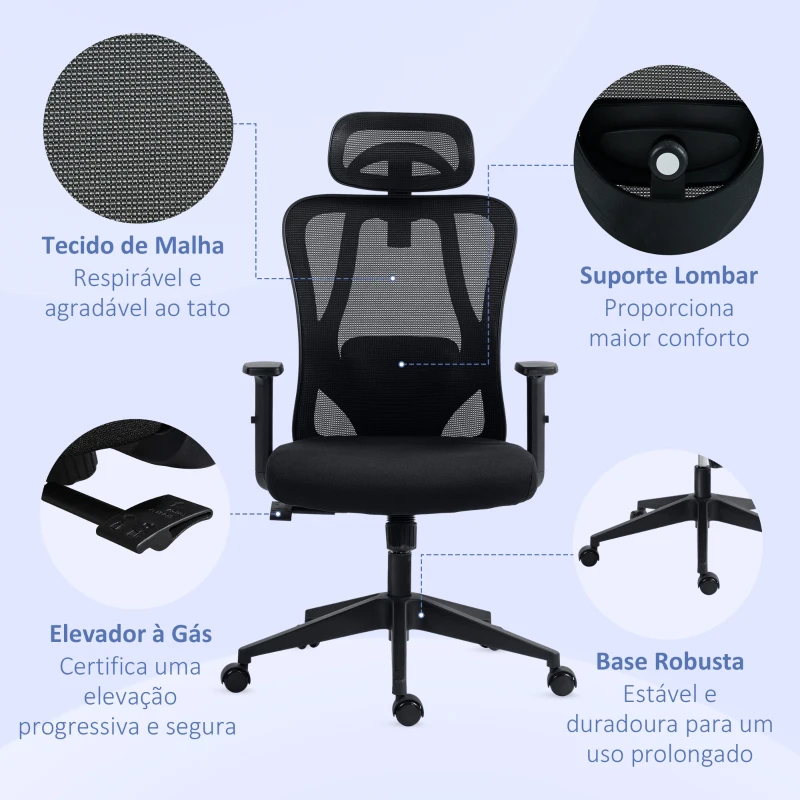 Vinsetto Cadeira de Escritório com Apoio para os Braços 2D Cadeira de Escritório com Altura Ajustável Apoio para a Cabeça Suporte Lombar Alto 67x64x117-127cm Preto