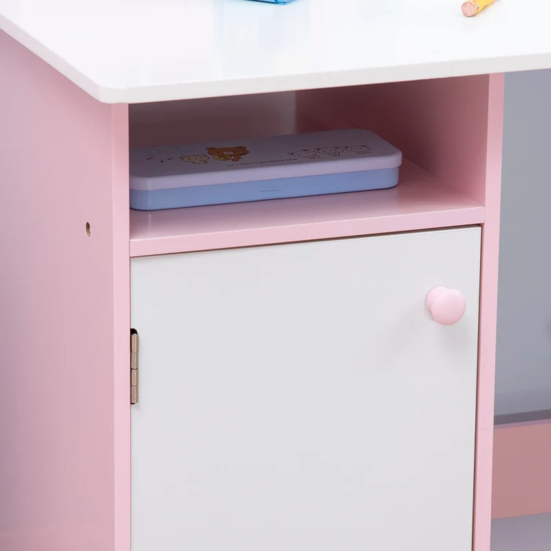 HOMCOM Set Masă și Scaune pentru Copii 5-8 Ani cu Spațiu de Depozitare, Tablă și Scaun, 90x45x85 cm, Roz(m-7)