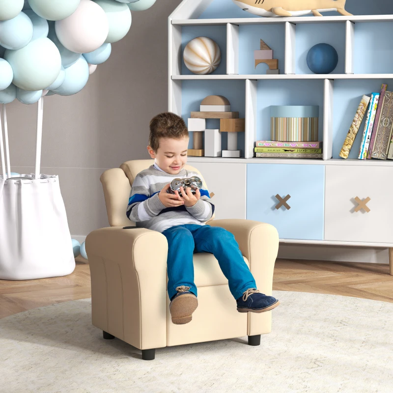 HOMCOM Kids Recliner Chair, PU Leather with Adjustable Backrest, Footrest, Padded Headrest, Beige
