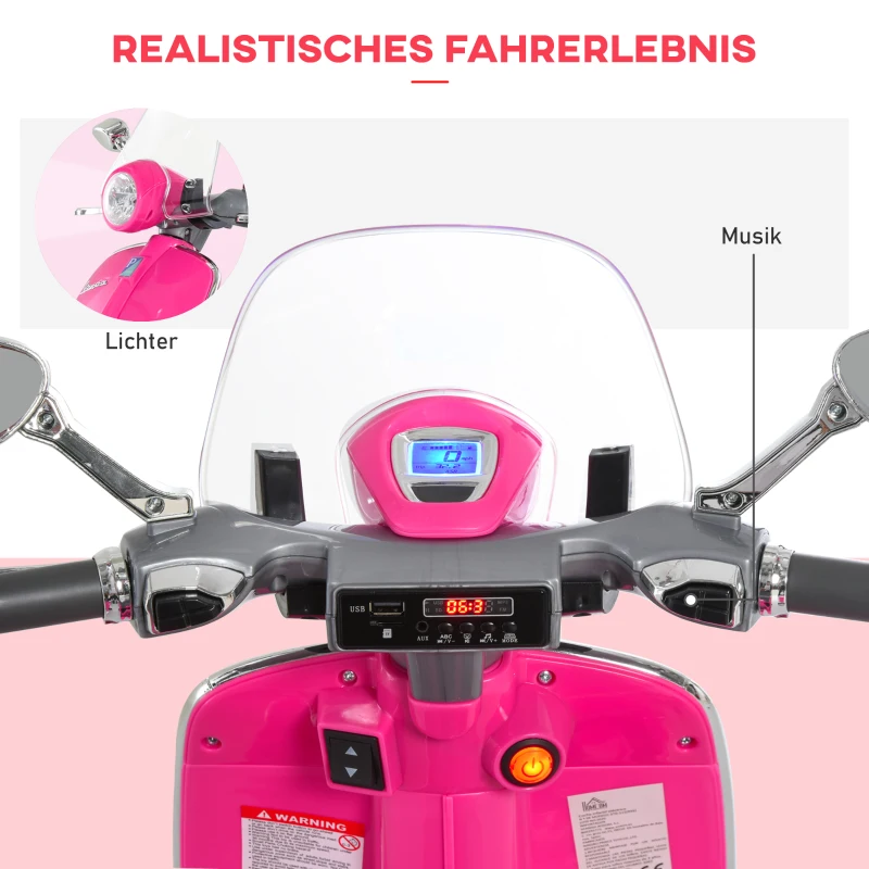 HOMCOM Elektrische Kindermotor met MP3-Muziek, Koplampen, 3-6 Jaar, Kunstleder, Metaal, 108 x 49 x 75 cm, Roze(m-5)
