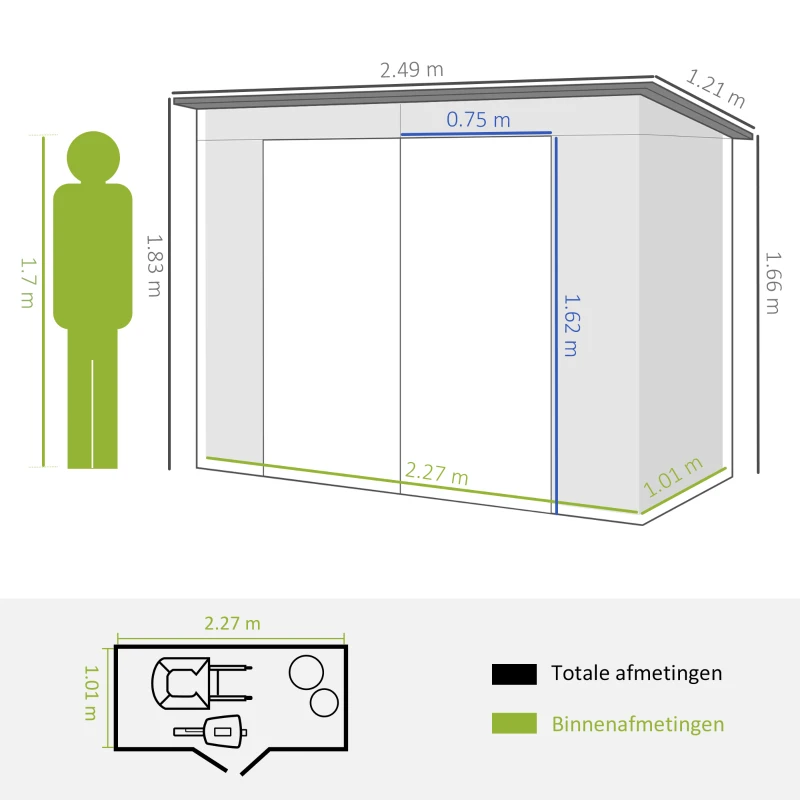 Outsunny Stalen tuinschuurtje, Geräteschuppen, Dubbele Deuren, 249B x 121D x 166/183H cm, Grijs(m-3)
