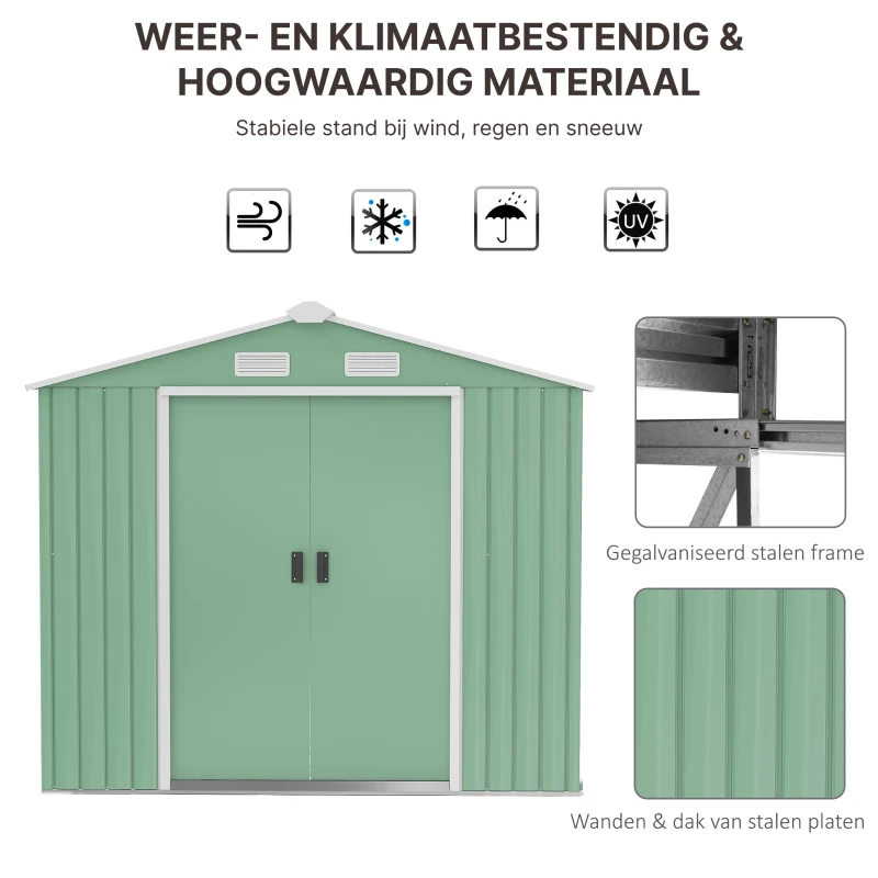Outsunny gereedschapsschuur, tuinhuisje, met schuifdeuren, fundering, weerbestendig, staal, groen, 213 x 130 x 185 cm(m-5)