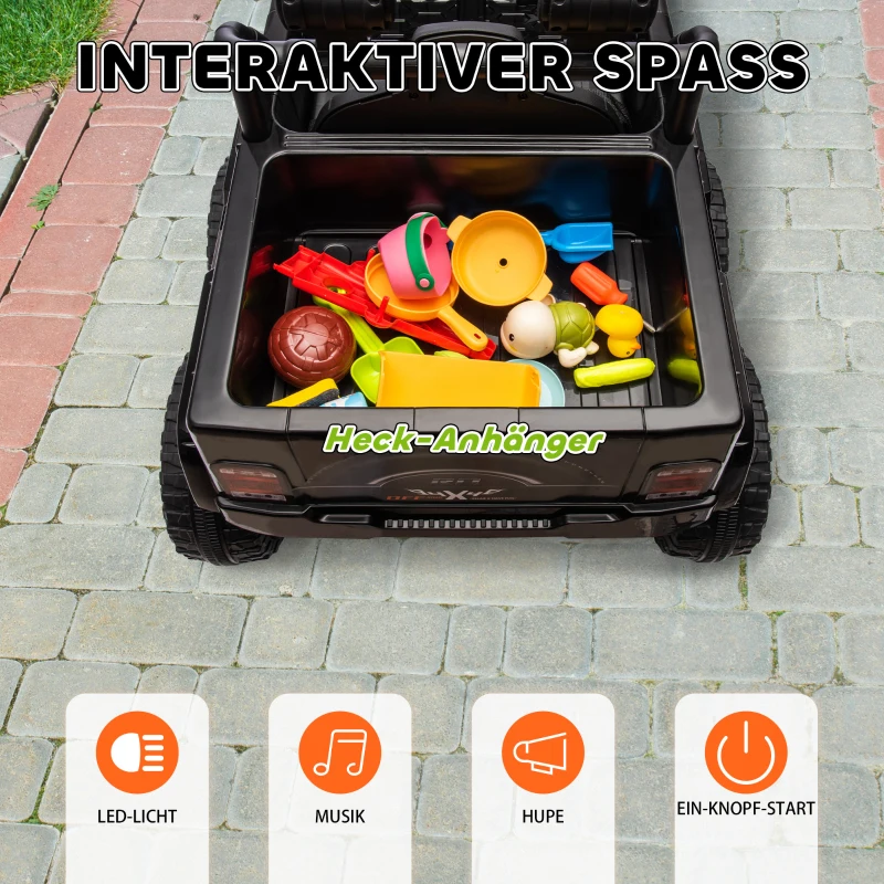 AIYAPLAY 12V Elektrisch Kindervoertuig met Aanhangwagen, LED-verlichting, Muziek en Claxon, voor Kinderen van 3-8 Jaar, Zwart(m-7)