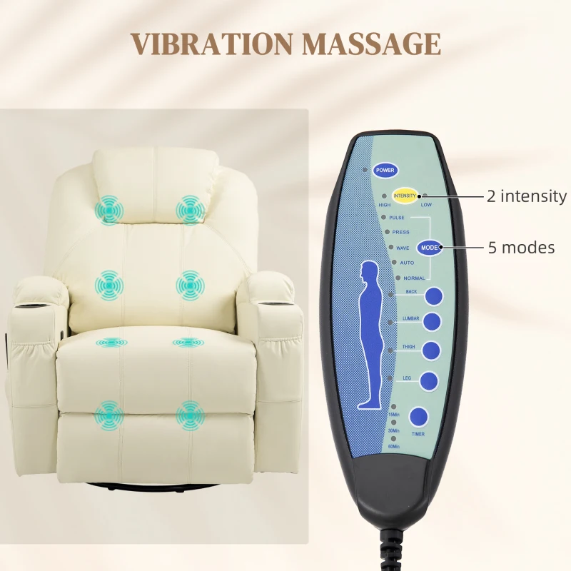 HOMCOM Fotel Relaksacyjny z Masażem, Regulowane Oparcie, Obrotowy, do 150 kg, Ekoskóra, Kremowy