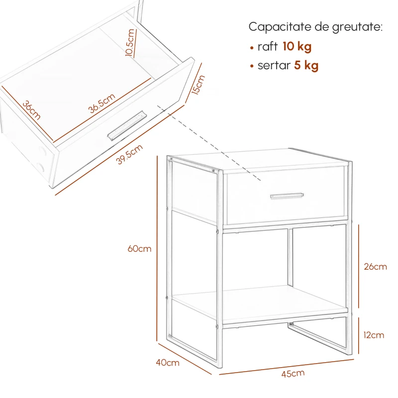 HOMCOM Set din 2 Noptiere Moderne, Noptiere cu Raft și Sertar, Organizatoare de Depozitare pentru Dormitor, 45x40x60 cm, Alb
