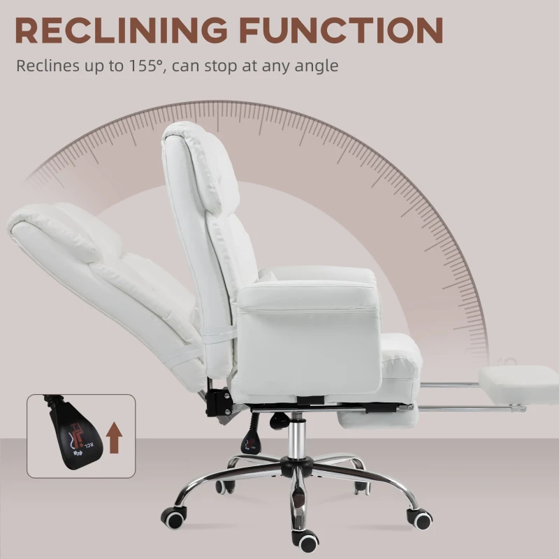 HOMCOM Ergonomiczne Krzesło Biurowe, Regulacja Wysokości 48-56 cm, Nachylane Oparcie, Podnóżek, Biały
