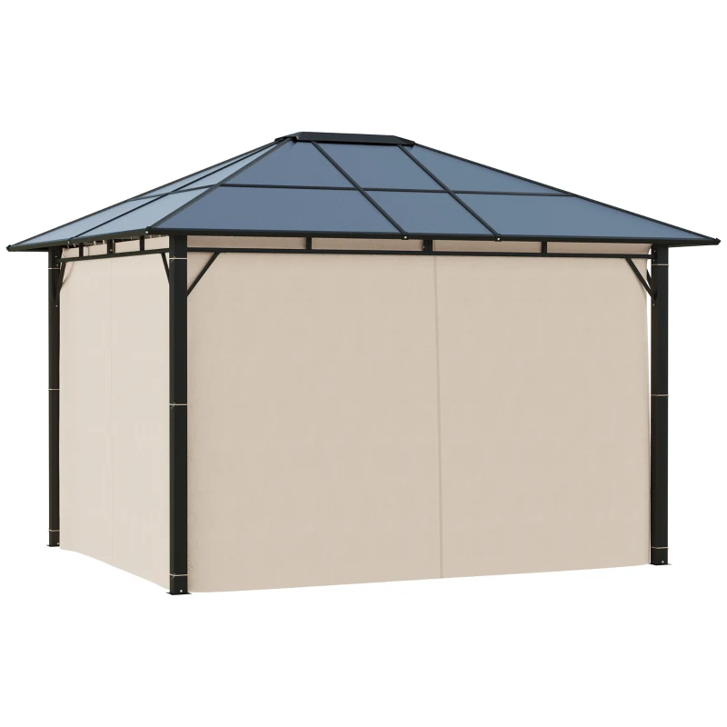 Outsunny 3 x 3.6m Hardtop Gazebo Canopy with Polycarbonate Roof Garden Pavilion with Removable Curtains and Steel Frame, Brown