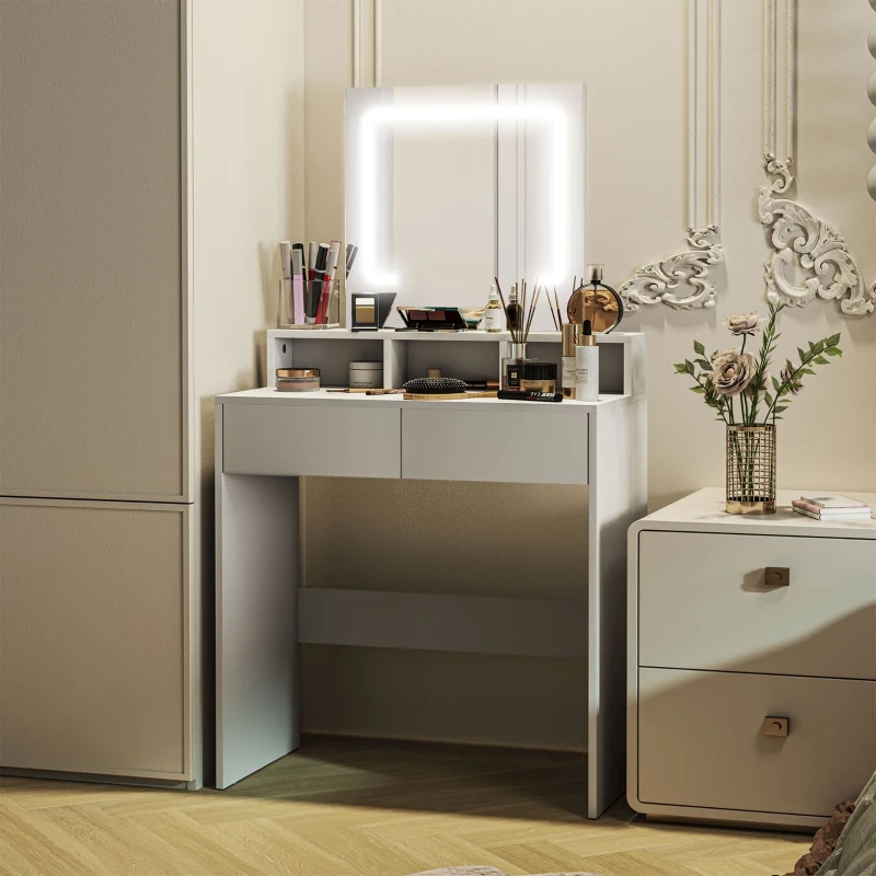HOMCOM Dressing Table with Mirror and LED Lights, Vanity Table with 2 Drawers, 3 Compartments, 3 Colour Lighting, for Bedroom, Modern Dresser Makeup Desk for Women and Girls, White