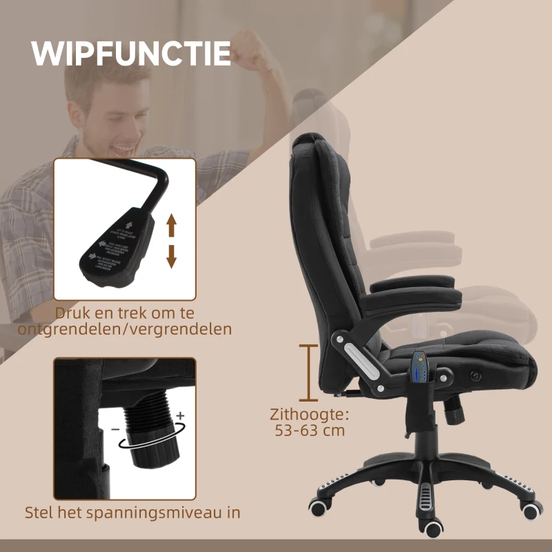 Vinsetto® kantoorstoel massagestoel draaistoel in hoogte verstelbaar 130° hoek linnen zwart 67 x 85 x 116 cm(m-8)