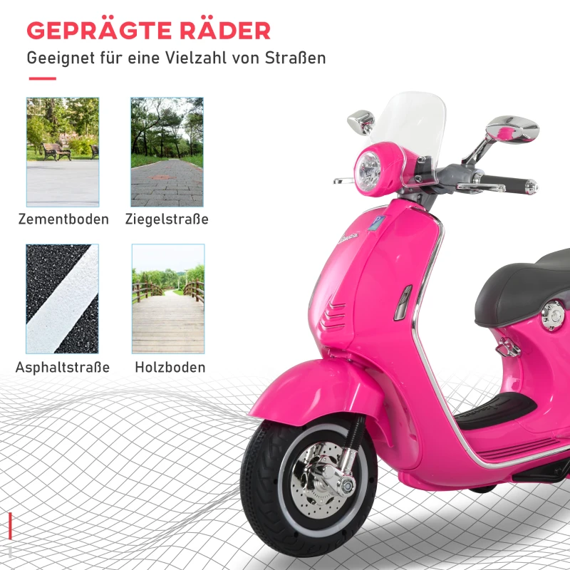 HOMCOM Elektrische Kindermotor met MP3-Muziek, Koplampen, 3-6 Jaar, Kunstleder, Metaal, 108 x 49 x 75 cm, Roze(m-6)
