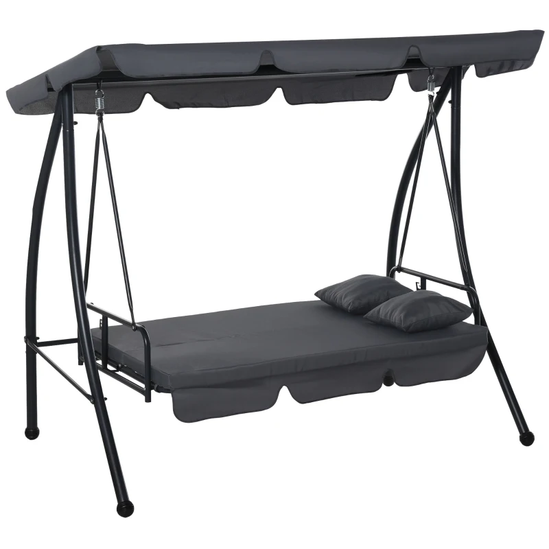 Outsunny Outdoor 2-in-1 Swing Chair Lounger 3 Seater Garden Swing Seat Bed Convertible Tilt Canopy W/ Cushion, Dark Grey