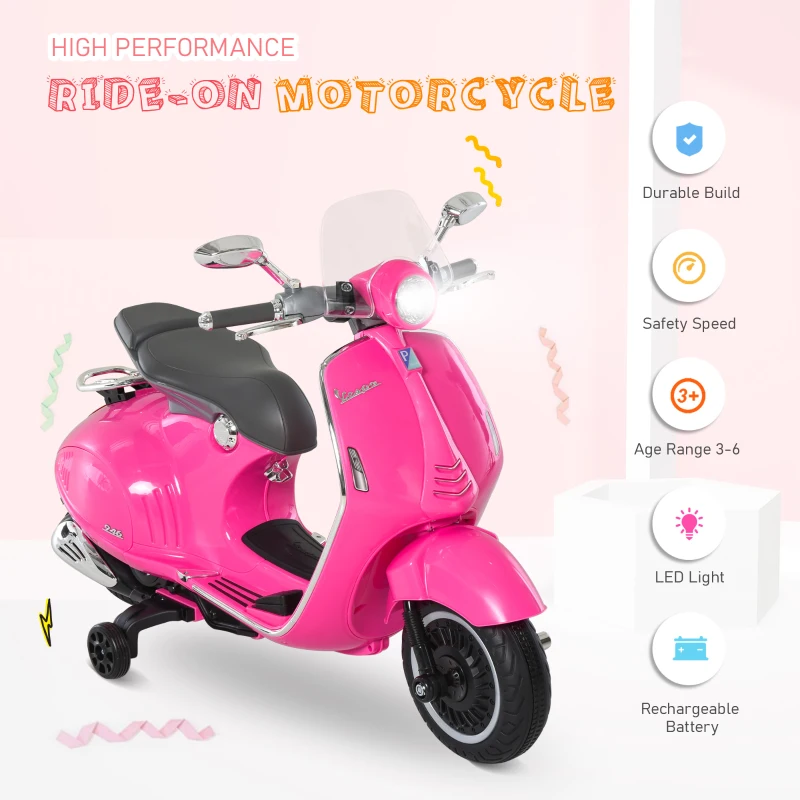HOMCOM Elektrische Kindermotor met MP3-Muziek, Koplampen, 3-6 Jaar, Kunstleder, Metaal, 108 x 49 x 75 cm, Roze(m-8)