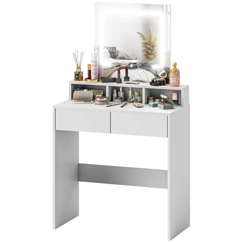 HOMCOM Dressing Table with Mirror and LED Lights, Vanity Table with 2 Drawers, 3 Compartments, 3 Colour Lighting, for Bedroom, Modern Dresser Makeup Desk for Women and Girls, White