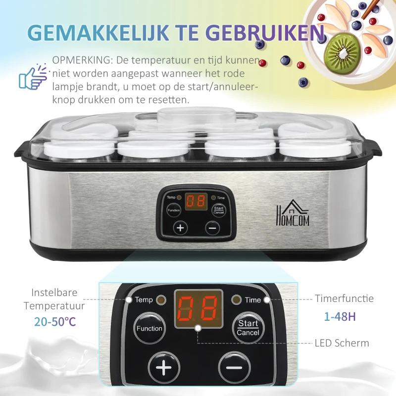 HOMCOM yoghurtmaker, digitaal display 8 yoghurtpotten met glazen deksel, 180 ml, instelbare temperatuur en tijd, 36 x 18,8 x 14 cm(m-6)