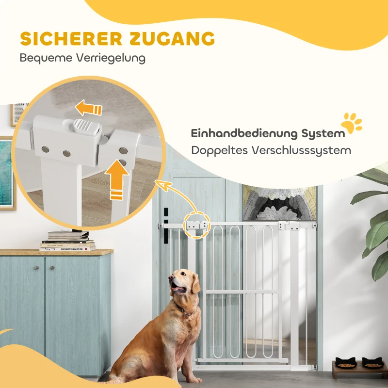 PawHut 94 cm Hoog Huisdierenhekje voor Deurkozijnen, Gangen en Trappen, 76-104 cm Breed, Metaal en Kunststof, Wit