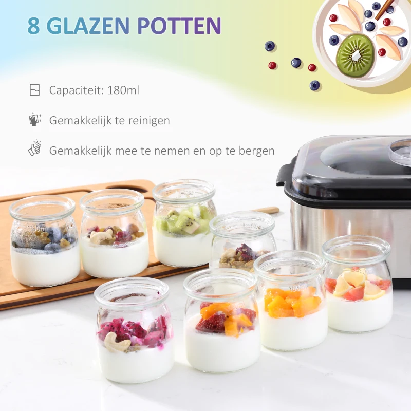 HOMCOM yoghurtmaker, digitaal display 8 yoghurtpotten met glazen deksel, 180 ml, instelbare temperatuur en tijd, 36 x 18,8 x 14 cm(m-4)