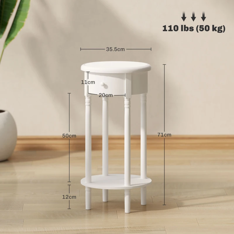 HOMCOM Set 2 Noptiere cu Sertar și Raft, Măsuțe de Cafea din Lemn în Stil Contemporan, Ø35,5x71 cm, Alb