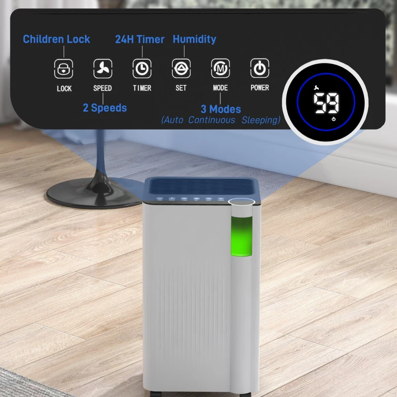 HOMCOM 12L/Day Dehumidifier with Continuous Drainage, 2L Water Tank, 24H Timer, Digital Humidity Display, Filter, Auto Defrost, Children Lock, for Bedroom, Dehumidifier for Home Damp, Laundry Drying