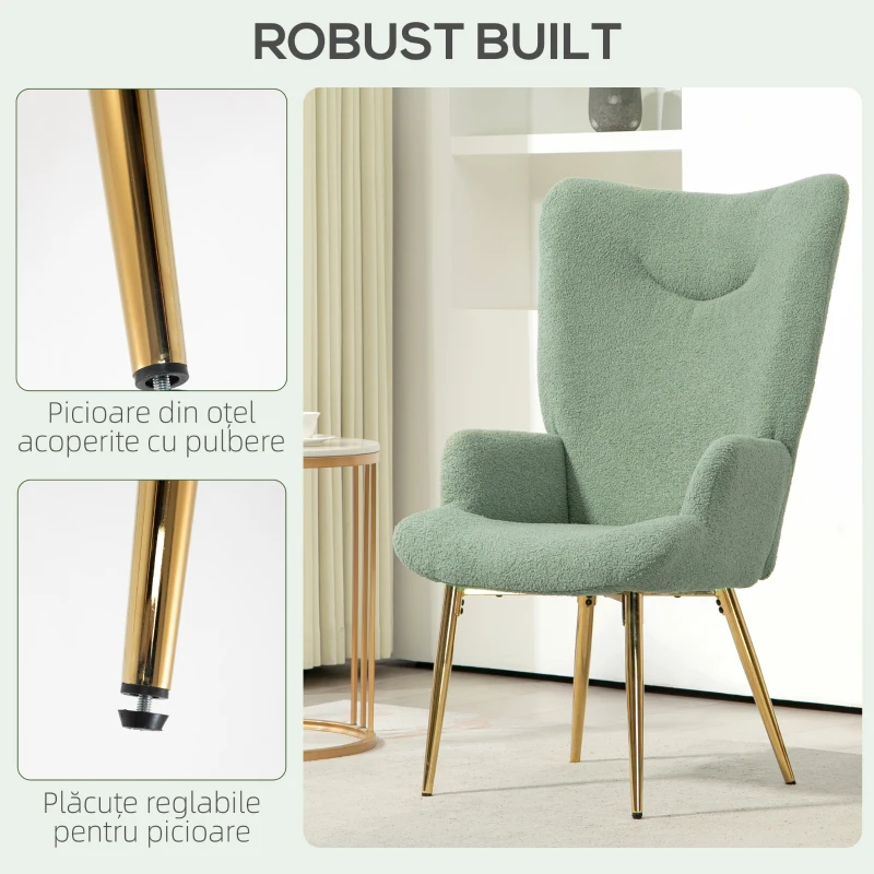 HOMCOM Fotoliu de Living cu Spătar Înalt, 73x68x111 cm, Verde și Auriu