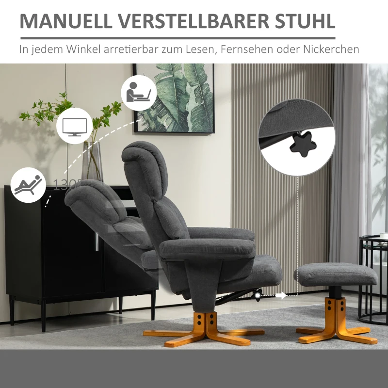 HOMCOM Verstelbare Fauteuil met Voetenbankje met Hoge Rugleuning en Houten Frame voor Woonkamer, Slaapkamer, Donkergrijs