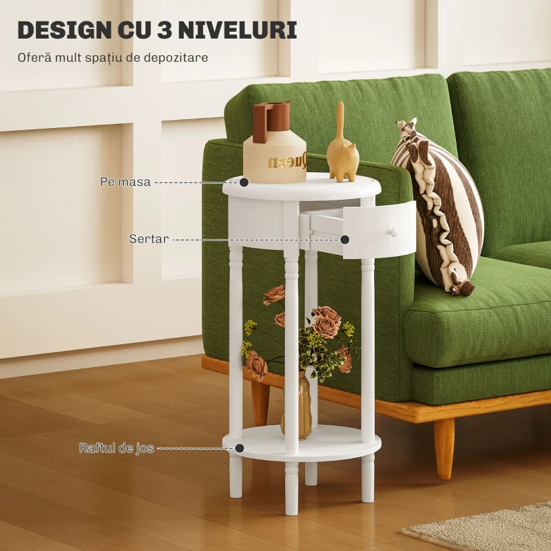 HOMCOM Set 2 Noptiere cu Sertar și Raft, Măsuțe de Cafea din Lemn în Stil Contemporan, Ø35,5x71 cm, Alb