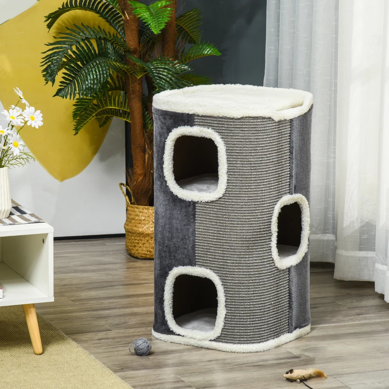PawHut kattenkrabpaal kattenbak 3 niveaus kattenboom klimboom voor katten kattenmeubel spaanplaat fluweelachtig polyester sisal grijs + wit 40 x 40 x 74 cm