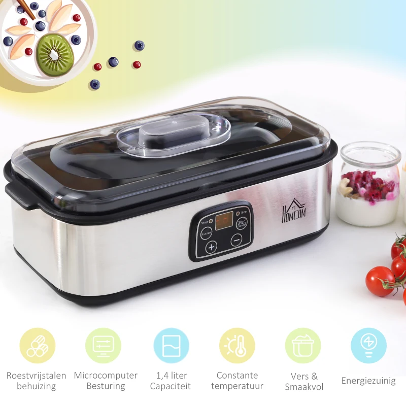 HOMCOM yoghurtmaker, digitaal display 8 yoghurtpotten met glazen deksel, 180 ml, instelbare temperatuur en tijd, 36 x 18,8 x 14 cm(m-5)