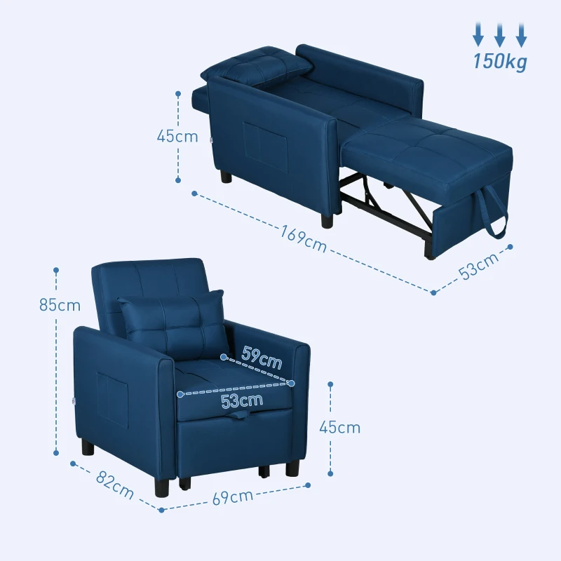 HOMCOM Fotoliu Pat Individual cu Spătar Reglabil pe 3 Nivele, 2 Roți și Pernă din Țesătură, 69x82x85 cm, Albastru(m-3)