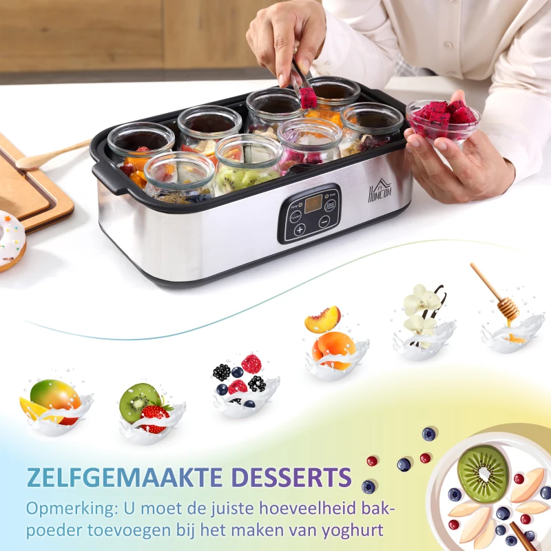 HOMCOM yoghurtmaker, digitaal display 8 yoghurtpotten met glazen deksel, 180 ml, instelbare temperatuur en tijd, 36 x 18,8 x 14 cm(m-7)