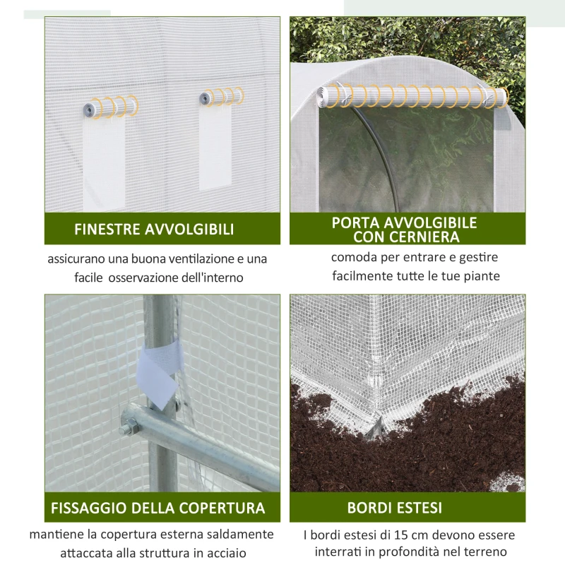 Outsunny Serra da Giardino a Tunnel Per Piante in PE con Tubi in Ferro, Bianco, 350x200x200cm