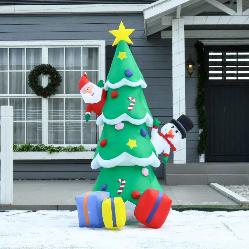 HOMCOM opblaasbare kerstboom met kerstman sneeuwpop en geschenkdoos 210 cm kerstverlichting LED zelfopblazend polyester groen 144 x 125 x 210 cm