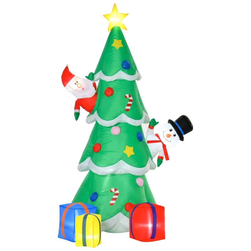 HOMCOM opblaasbare kerstboom met kerstman sneeuwpop en geschenkdoos 210 cm kerstverlichting LED zelfopblazend polyester groen 144 x 125 x 210 cm