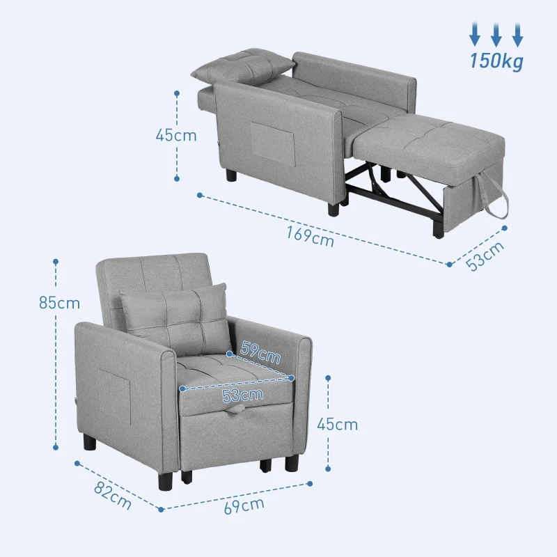 Homcom Fotoliu Pat Individual – Reglabil pe 3 Nivele, cu Perna & Roti(m-3)