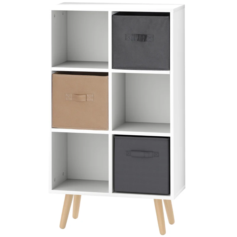 HOMCOM Freestanding 6 Cube Unit Cabinet Unit w/ 3 Fabric Drawers Handles Home Office Storage Shelves White