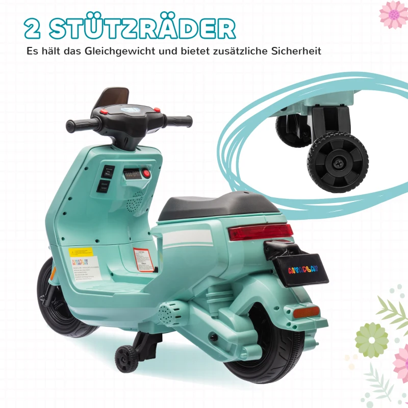 AIYAPLAY 6V Elektrische Kinder Motorfiets, met Koplamp en Muziek, Voor- en Achteruitgang, Trainingswielen, 18-36 Maanden, Groen