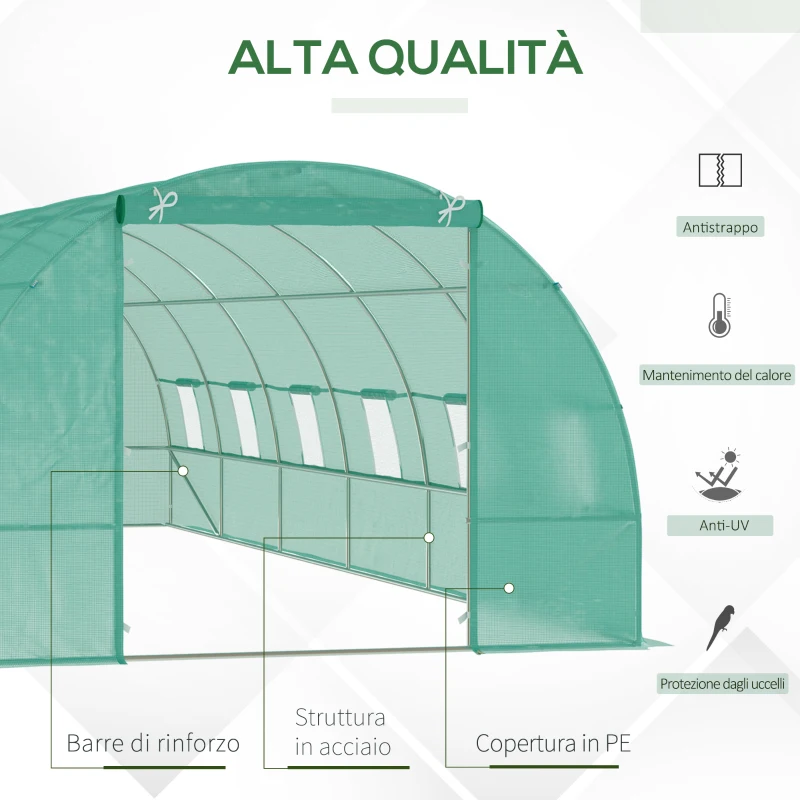 Outsunny Serra da Giardino con Porta Avvolgibile e 12 Finestre in Acciaio e PE, 8×3×2m, Verde