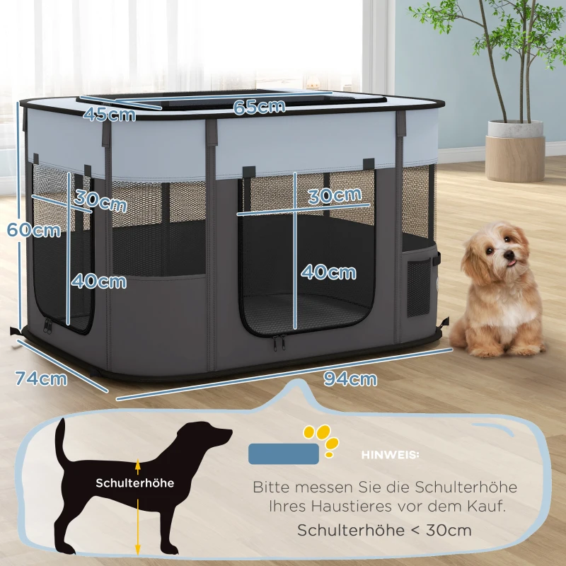 PawHut Huisdieren Speelhek, Opvouwbaar, met Opbergtas, voor Puppy's en Katten, Binnen en Buiten, Grijs